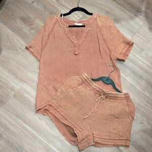 Terracotta Gauze Two-Piece Lounge Set - Top + Shorts